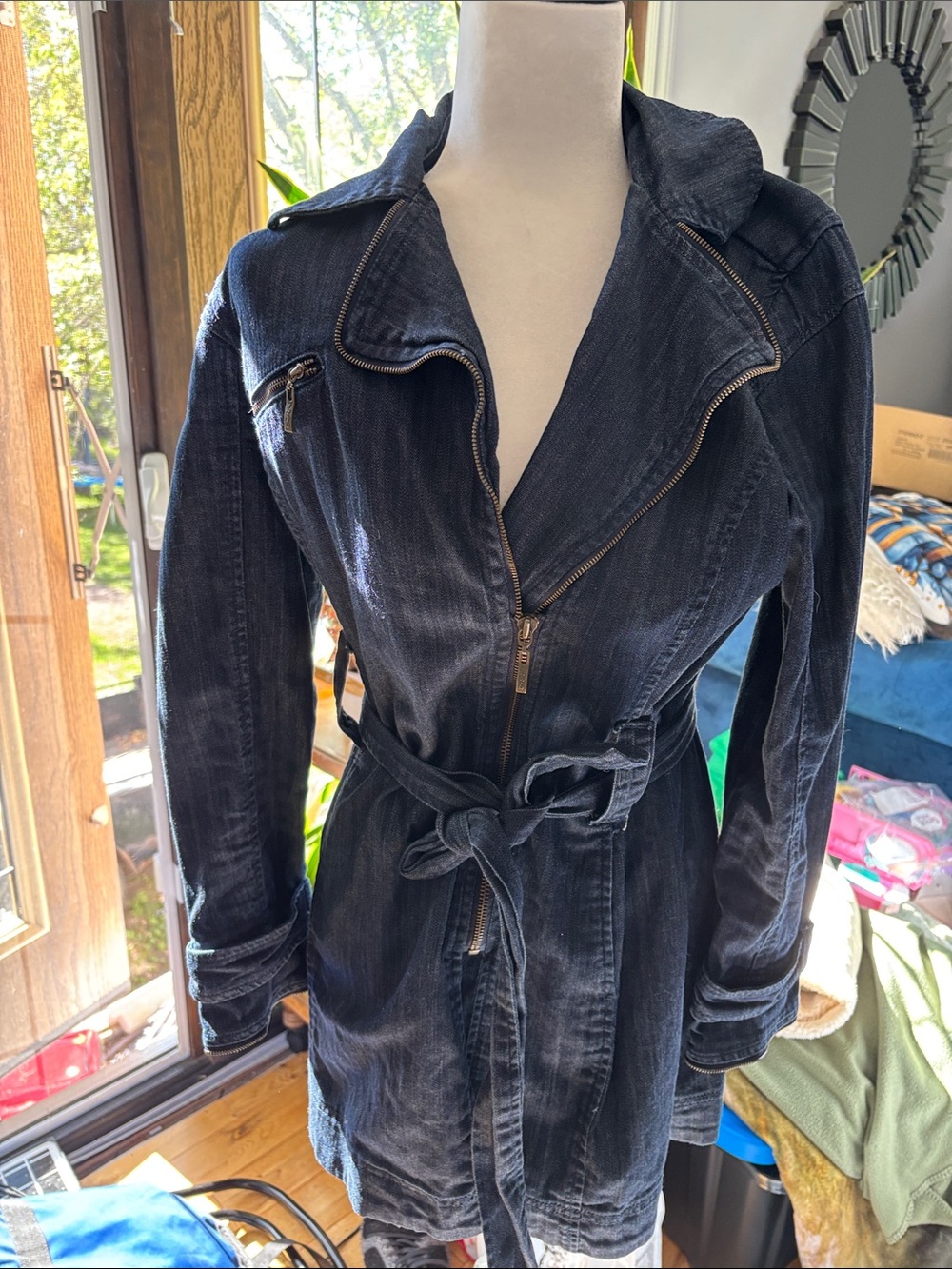 Women's Dark Denim Trench Coat with Waist Tie